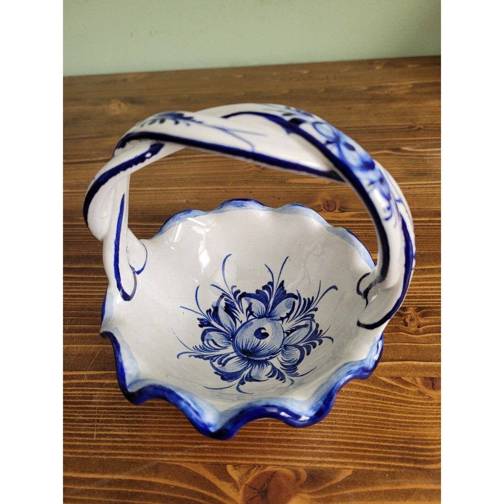 Vintage Basket Ceramic Blue & White Braided Handle Hand Painted 5 1/2"